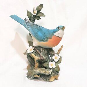 Bluebird Bird on Branch Flowers Figurine 7" Masterpiece Porcelain Homco 1984